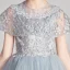 Chic / Beautiful Grey Flower Girl Dresses 2019 A-Line / Princess Scoop Neck Short Sleeve Appliques Lace Beading Pearl Rhinestone Floor-Length / Long Ruffle Wedding Party Dresses