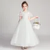 Chic / Beautiful Grey Flower Girl Dresses 2019 A-Line / Princess Scoop Neck Short Sleeve Appliques Lace Beading Pearl Rhinestone Floor-Length / Long Ruffle Wedding Party Dresses