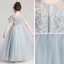 Chic / Beautiful Grey Flower Girl Dresses 2019 A-Line / Princess Scoop Neck Short Sleeve Appliques Lace Beading Pearl Rhinestone Floor-Length / Long Ruffle Wedding Party Dresses