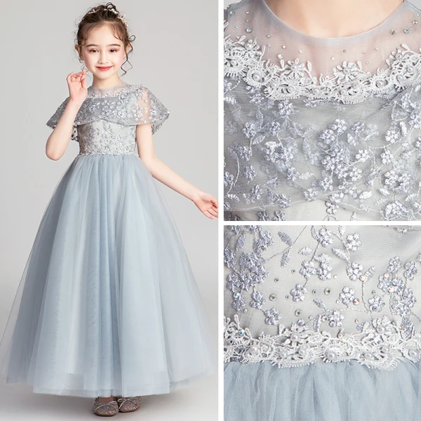 Chic / Beautiful Grey Flower Girl Dresses 2019 A-Line / Princess Scoop Neck Short Sleeve Appliques Lace Beading Pearl Rhinestone Floor-Length / Long Ruffle Wedding Party Dresses