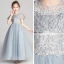 Chic / Beautiful Grey Flower Girl Dresses 2019 A-Line / Princess Scoop Neck Short Sleeve Appliques Lace Beading Pearl Rhinestone Floor-Length / Long Ruffle Wedding Party Dresses