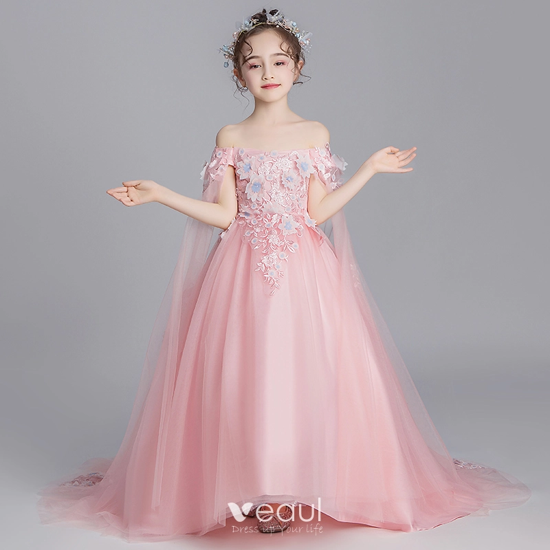 Girls Dress Pink Floral Lace Pearl V-back Bow Hi-lo Party Wedding