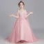 Flower Fairy Pearl Pink Flower Girl Dresses 2019 A-Line / Princess Off-The-Shoulder Short Sleeve Appliques Lace Watteau Train Ruffle Backless Wedding Party Dresses