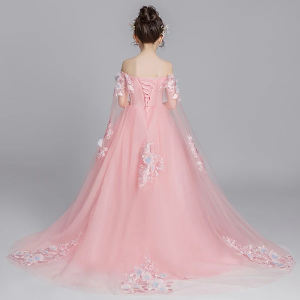 Flower Fairy Pearl Pink Flower Girl Dresses 2019 A-Line / Princess Off-The-Shoulder Short Sleeve Appliques Lace Watteau Train Ruffle Backless Wedding Party Dresses