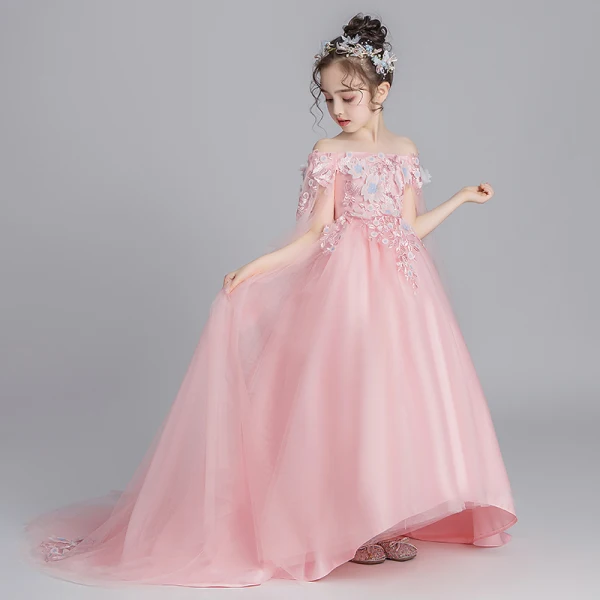 Flower Fairy Pearl Pink Flower Girl Dresses 2019 A-Line / Princess Off-The-Shoulder Short Sleeve Appliques Lace Watteau Train Ruffle Backless Wedding Party Dresses