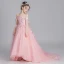 Flower Fairy Pearl Pink Flower Girl Dresses 2019 A-Line / Princess Off-The-Shoulder Short Sleeve Appliques Lace Watteau Train Ruffle Backless Wedding Party Dresses