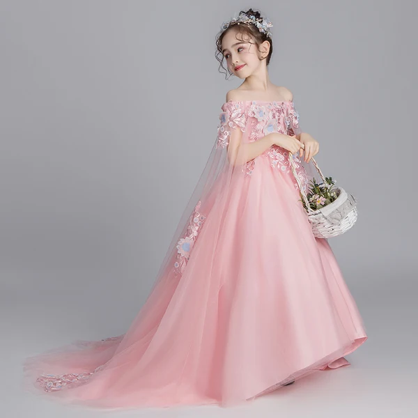 Flower Fairy Pearl Pink Flower Girl Dresses 2019 A-Line / Princess Off-The-Shoulder Short Sleeve Appliques Lace Watteau Train Ruffle Backless Wedding Party Dresses