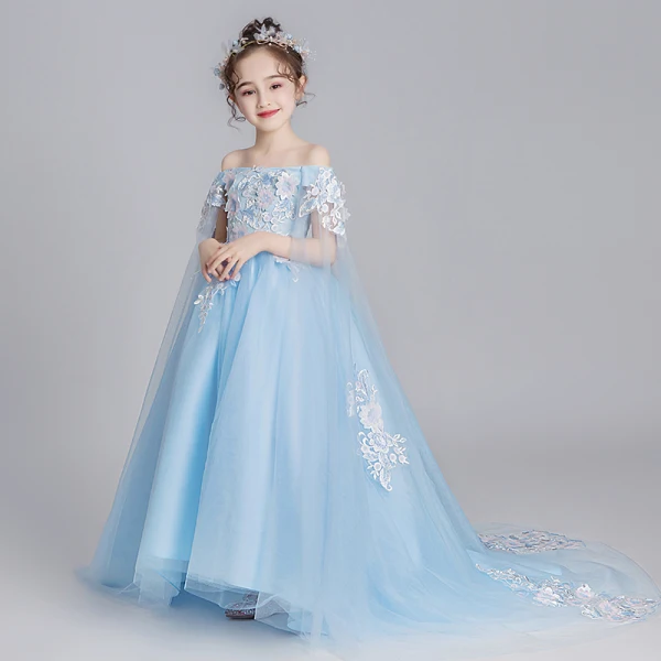 Flower Fairy Pearl Pink Flower Girl Dresses 2019 A-Line / Princess Off-The-Shoulder Short Sleeve Appliques Lace Watteau Train Ruffle Backless Wedding Party Dresses