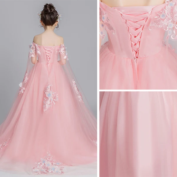 Flower Fairy Pearl Pink Flower Girl Dresses 2019 A-Line / Princess Off-The-Shoulder Short Sleeve Appliques Lace Watteau Train Ruffle Backless Wedding Party Dresses