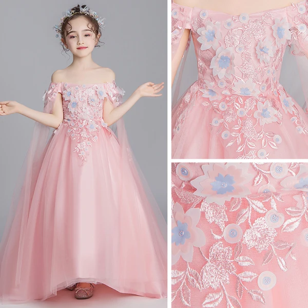 Flower Fairy Pearl Pink Flower Girl Dresses 2019 A-Line / Princess Off-The-Shoulder Short Sleeve Appliques Lace Watteau Train Ruffle Backless Wedding Party Dresses