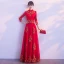 Affordable Chinese style Red Evening Dresses  2019 A-Line / Princess High Neck 3/4 Sleeve Gold Appliques Lace Floor-Length / Long Ruffle Formal Dresses