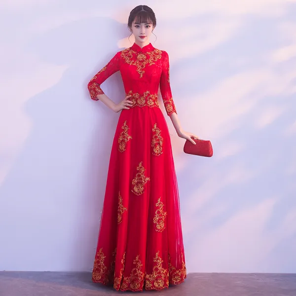 Abordable Style Chinois Rouge Robe De Soirée 2019 Princesse Col Haut 3/4 Manches Doré Appliques En Dentelle Longue Volants Robe De Ceremonie