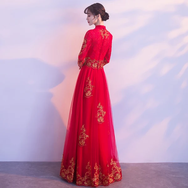 Affordable Chinese style Red Evening Dresses  2019 A-Line / Princess High Neck 3/4 Sleeve Gold Appliques Lace Floor-Length / Long Ruffle Formal Dresses