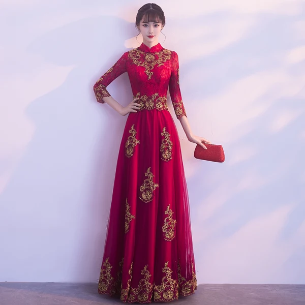 Affordable Chinese style Red Evening Dresses  2019 A-Line / Princess High Neck 3/4 Sleeve Gold Appliques Lace Floor-Length / Long Ruffle Formal Dresses