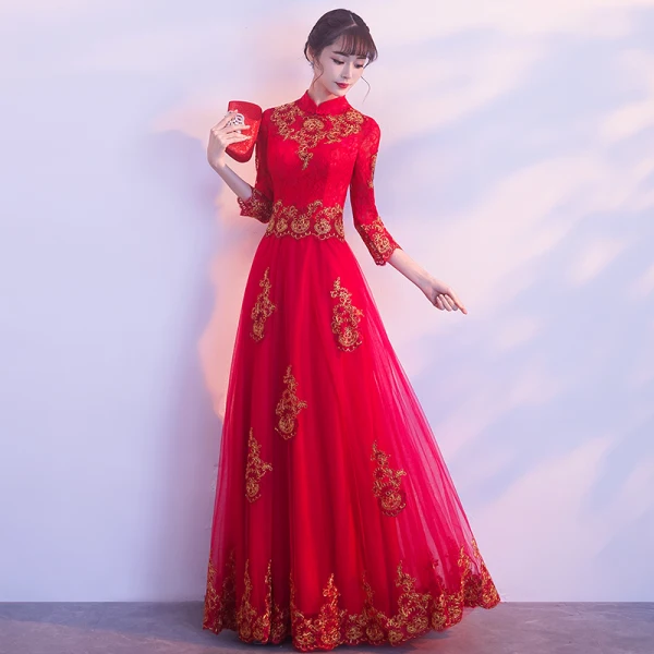 Affordable Chinese style Red Evening Dresses  2019 A-Line / Princess High Neck 3/4 Sleeve Gold Appliques Lace Floor-Length / Long Ruffle Formal Dresses