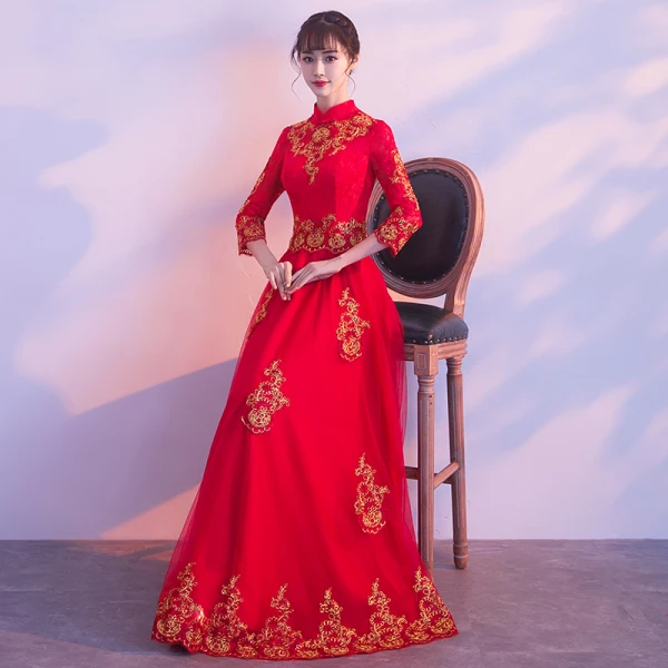 Affordable Chinese style Red Evening Dresses  2019 A-Line / Princess High Neck 3/4 Sleeve Gold Appliques Lace Floor-Length / Long Ruffle Formal Dresses