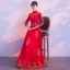 Affordable Chinese style Red Evening Dresses  2019 A-Line / Princess High Neck 3/4 Sleeve Gold Appliques Lace Floor-Length / Long Ruffle Formal Dresses