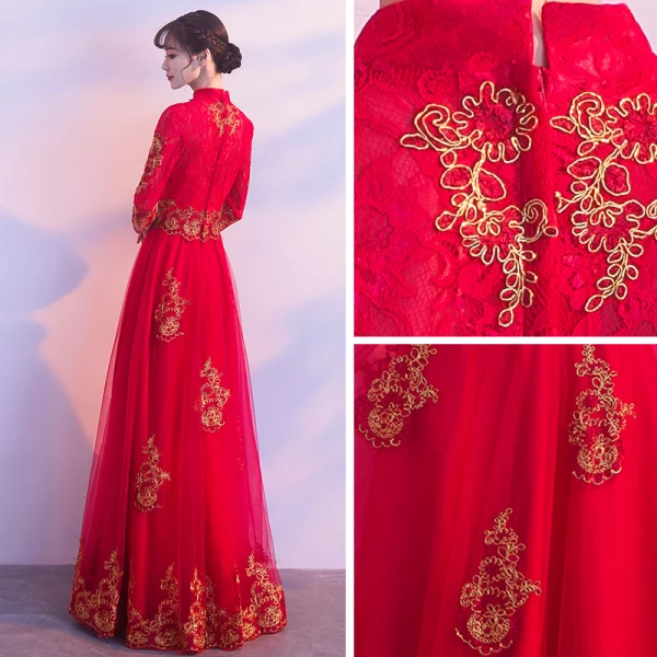 Affordable Chinese style Red Evening Dresses  2019 A-Line / Princess High Neck 3/4 Sleeve Gold Appliques Lace Floor-Length / Long Ruffle Formal Dresses