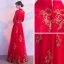 Affordable Chinese style Red Evening Dresses  2019 A-Line / Princess High Neck 3/4 Sleeve Gold Appliques Lace Floor-Length / Long Ruffle Formal Dresses