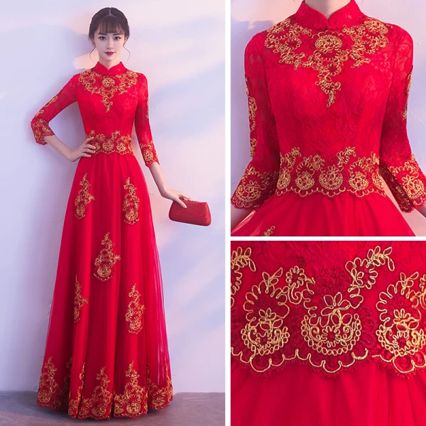 Affordable Chinese style Red Evening Dresses  2019 A-Line / Princess High Neck 3/4 Sleeve Gold Appliques Lace Floor-Length / Long Ruffle Formal Dresses