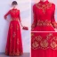 Affordable Chinese style Red Evening Dresses  2019 A-Line / Princess High Neck 3/4 Sleeve Gold Appliques Lace Floor-Length / Long Ruffle Formal Dresses