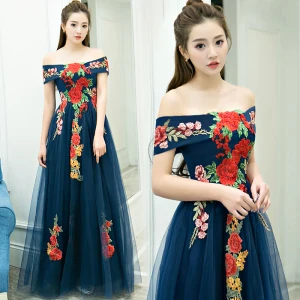 Abordable Bleu Marine Robe De Soirée 2019 Princesse De L 039 Épaule Manches Courtes Appliques Brodé Longue Volants Dos Nu Robe De Ceremonie