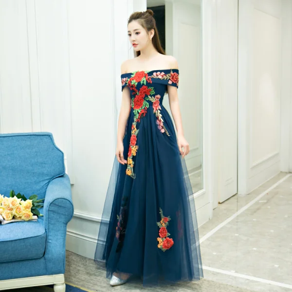 Affordable Navy Blue Evening Dresses 2019 A-Line / Princess Off-The-Shoulder Short Sleeve Appliques Embroidered Floor-Length / Long Ruffle Backless Formal Dresses