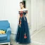 Affordable Navy Blue Evening Dresses  2019 A-Line / Princess Off-The-Shoulder Short Sleeve Appliques Embroidered Floor-Length / Long Ruffle Backless Formal Dresses