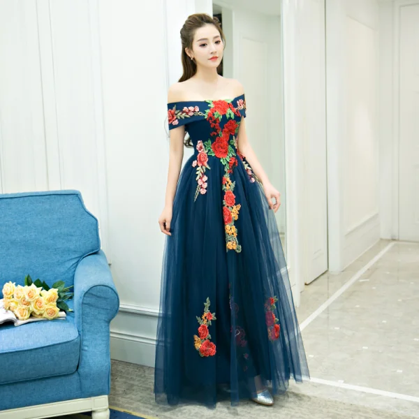Affordable Navy Blue Evening Dresses 2019 A-Line / Princess Off-The-Shoulder Short Sleeve Appliques Embroidered Floor-Length / Long Ruffle Backless Formal Dresses
