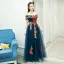 Affordable Navy Blue Evening Dresses  2019 A-Line / Princess Off-The-Shoulder Short Sleeve Appliques Embroidered Floor-Length / Long Ruffle Backless Formal Dresses