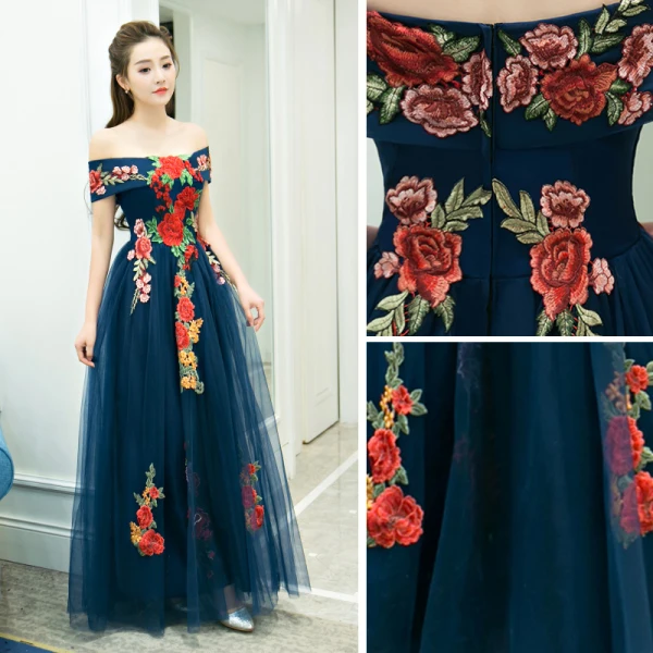 Affordable Navy Blue Evening Dresses 2019 A-Line / Princess Off-The-Shoulder Short Sleeve Appliques Embroidered Floor-Length / Long Ruffle Backless Formal Dresses