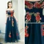Affordable Navy Blue Evening Dresses  2019 A-Line / Princess Off-The-Shoulder Short Sleeve Appliques Embroidered Floor-Length / Long Ruffle Backless Formal Dresses