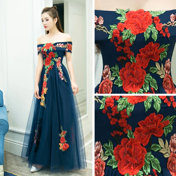 Affordable Navy Blue Evening Dresses 2019 A-Line / Princess Off-The-Shoulder Short Sleeve Appliques Embroidered Floor-Length / Long Ruffle Backless Formal Dresses