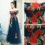 Affordable Navy Blue Evening Dresses  2019 A-Line / Princess Off-The-Shoulder Short Sleeve Appliques Embroidered Floor-Length / Long Ruffle Backless Formal Dresses