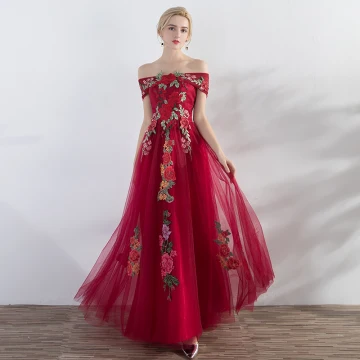 Abordable Rouge Robe De Soirée 2019 Princesse De L Épaule Manches Courtes Appliques Brodé Longue Volants Dos Nu Robe De Ceremonie