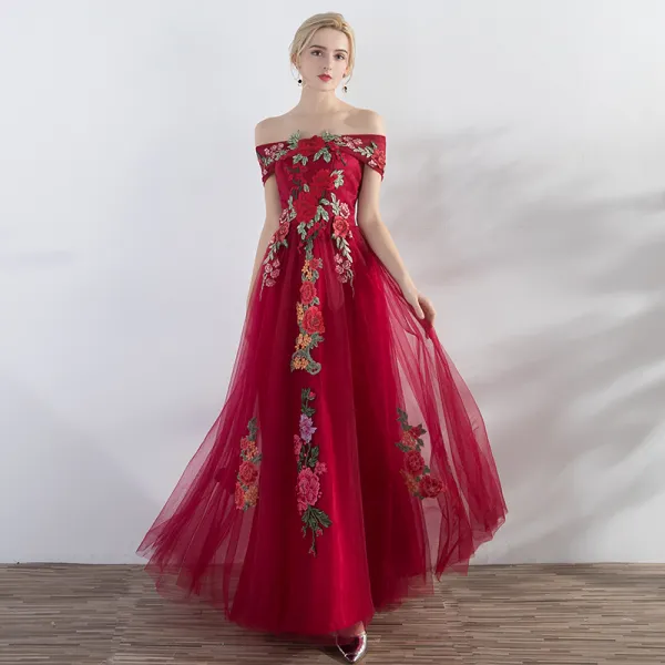 Abordable Rouge Robe De Soirée 2019 Princesse De l'épaule Manches Courtes Appliques Brodé Longue Volants Dos Nu Robe De Ceremonie
