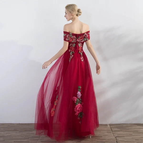 Affordable Red Evening Dresses 2019 A-Line / Princess Off-The-Shoulder Short Sleeve Appliques Embroidered Floor-Length / Long Ruffle Backless Formal Dresses