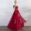 Affordable Red Evening Dresses  2019 A-Line / Princess Off-The-Shoulder Short Sleeve Appliques Embroidered Floor-Length / Long Ruffle Backless Formal Dresses