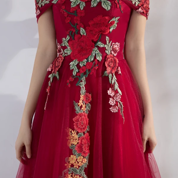 Affordable Red Evening Dresses 2019 A-Line / Princess Off-The-Shoulder Short Sleeve Appliques Embroidered Floor-Length / Long Ruffle Backless Formal Dresses