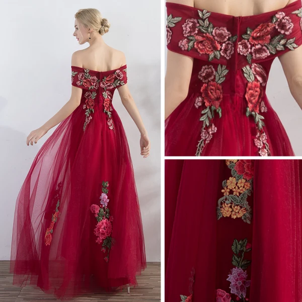 Affordable Red Evening Dresses 2019 A-Line / Princess Off-The-Shoulder Short Sleeve Appliques Embroidered Floor-Length / Long Ruffle Backless Formal Dresses