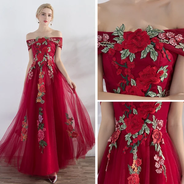 Affordable Red Evening Dresses 2019 A-Line / Princess Off-The-Shoulder Short Sleeve Appliques Embroidered Floor-Length / Long Ruffle Backless Formal Dresses