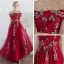 Affordable Red Evening Dresses  2019 A-Line / Princess Off-The-Shoulder Short Sleeve Appliques Embroidered Floor-Length / Long Ruffle Backless Formal Dresses