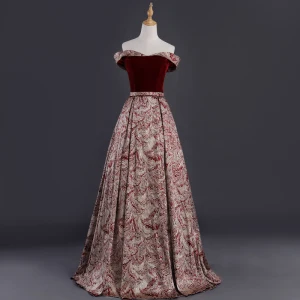 Meilleur Bordeaux Daim Jacquard Robe De Soirée 2019 Princesse De L 039 Épaule Manches Courtes Ceinture Longue Dos Nu Robe De Ceremonie