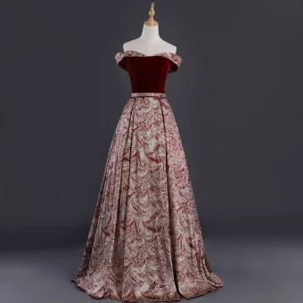 Meilleur Bordeaux Daim Jacquard Robe De Soirée 2019 Princesse De L 039 Épaule Manches Courtes Ceinture Longue Dos Nu Robe De Ceremonie