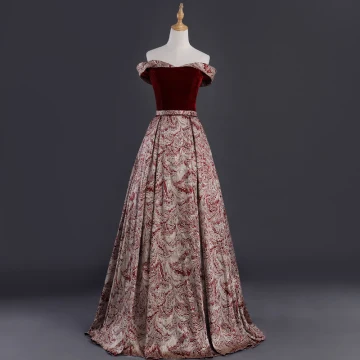 Best Burgundy Suede Jacquard Evening Dresses 2019 A Line Princess Off The Shoulder Short Sleeve Sash Floor Length Long Backless Formal Dresses