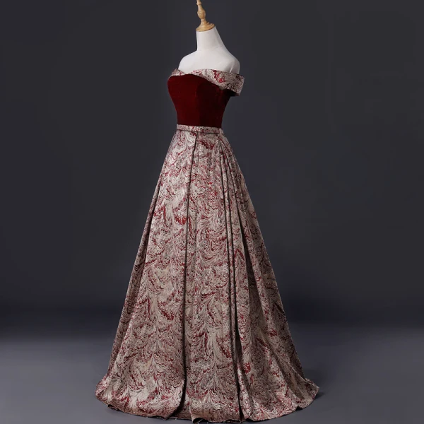 Best Burgundy Suede Jacquard Evening Dresses 2019 A-Line / Princess Off-The-Shoulder Short Sleeve Sash Floor-Length / Long Backless Formal Dresses