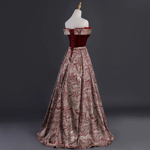 Best Burgundy Suede Jacquard Evening Dresses 2019 A-Line / Princess Off-The-Shoulder Short Sleeve Sash Floor-Length / Long Backless Formal Dresses