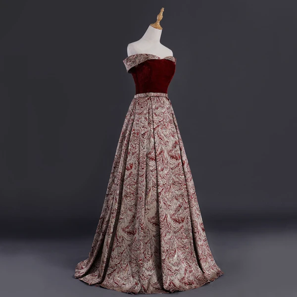 Best Burgundy Suede Jacquard Evening Dresses 2019 A-Line / Princess Off-The-Shoulder Short Sleeve Sash Floor-Length / Long Backless Formal Dresses