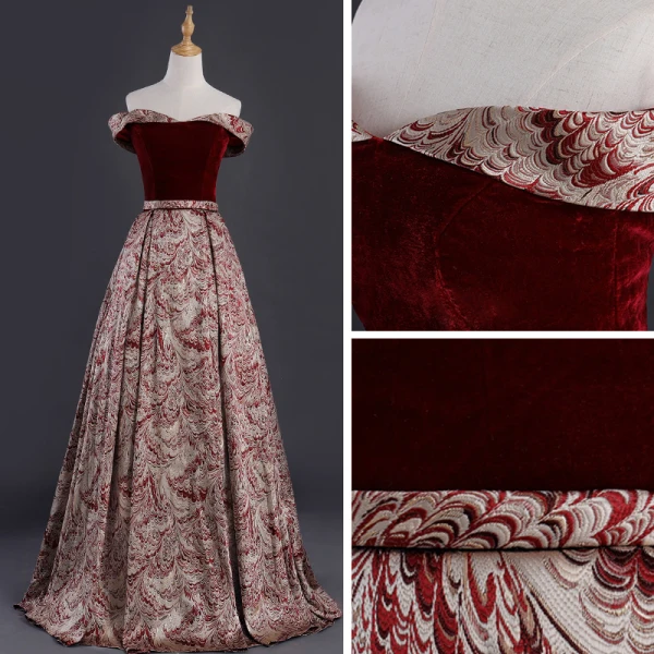 Best Burgundy Suede Jacquard Evening Dresses 2019 A-Line / Princess Off-The-Shoulder Short Sleeve Sash Floor-Length / Long Backless Formal Dresses