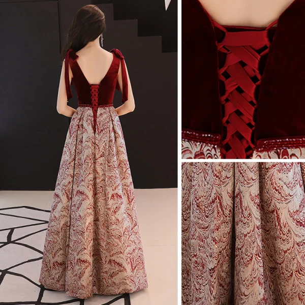 Chic / Belle Bordeaux Daim Jacquard Robe De Soirée 2019 Princesse Transparentes Col v profond Sans Manches Longue Volants Dos Nu Robe De Ceremonie